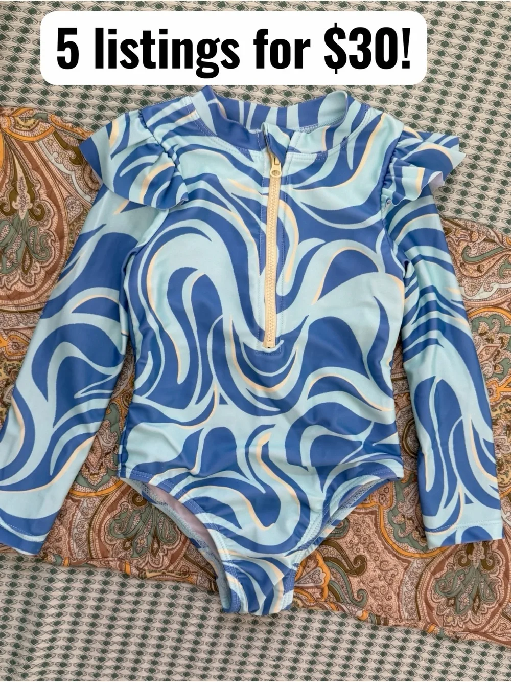 wonder nation Blue & Light Blue Swirl Long-Sleeve One-Piece Swimsuit 2T